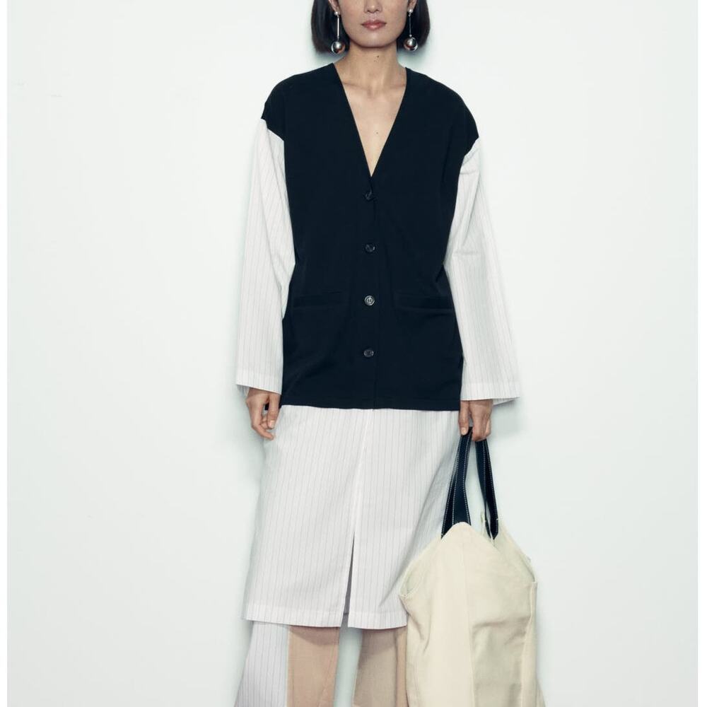 Zara Mixed Poplin Pinstripe Jacket / Long Tunic Shirt in Striped Black/White